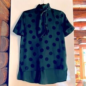 Zara Green and Black Polka Dot Satin Neck Tie Blouse. Size S